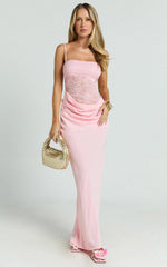 Rania Maxi Dress Contrast Lace Bodice Bias Cowl Drop Waist Dress in Pink