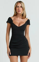 Veronika Mini Dress Off Shoulder Plunge Fit And Flare Dress in Black