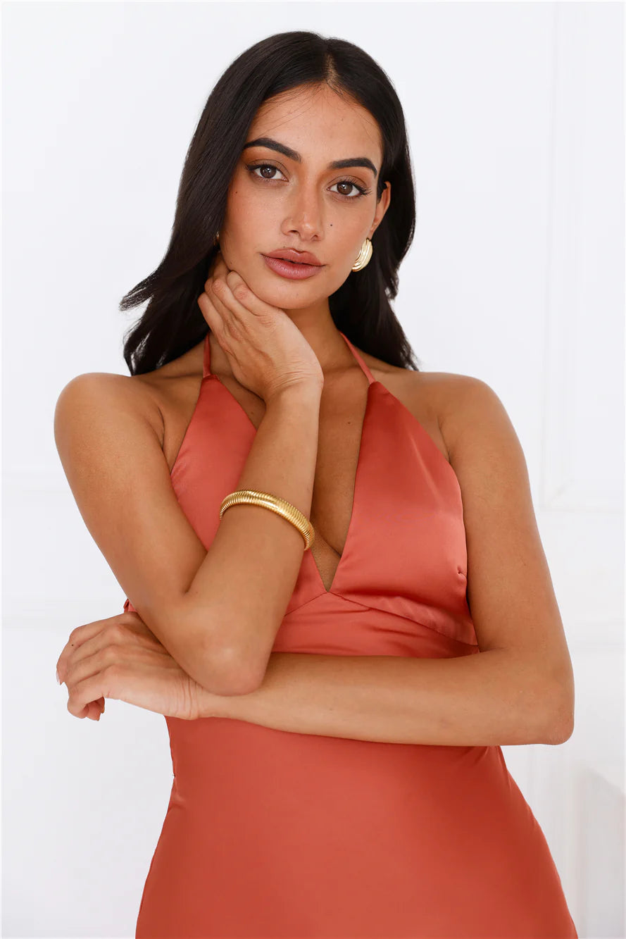 She Is Sublime Halter Satin Maxi Dress Brick