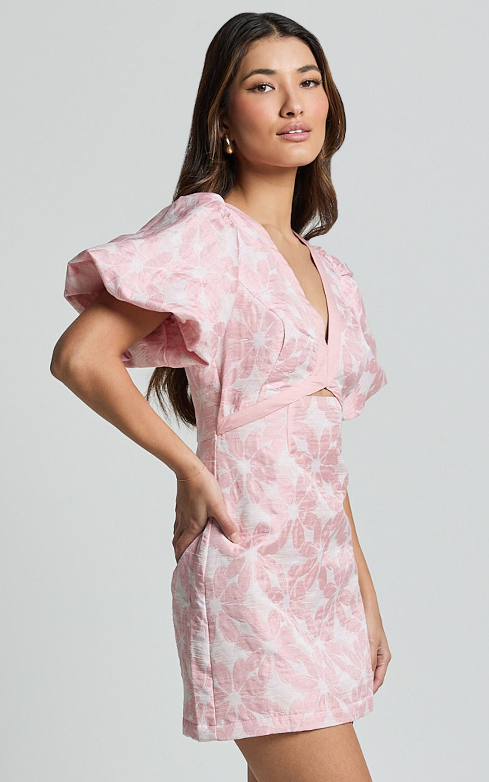Diana Mini Dress - Jacquard Short Sleeve Cut Out Dress in Light Pink